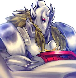  1boy akuma_shogun armor blonde_hair cape full_armor grey_cape highres kinnikuman long_hair looking_to_the_side male_focus muscular muscular_male red_eyes simple_background solo spiked_helmet upper_body white_background yuu_(user_ddsz8272) 