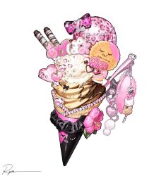  charm_(object) chocolate_syrup commentary_request cookie flower food food_focus gem heart hello_kitty hello_kitty_(character) highres ice_cream ice_cream_cone no_humans original pink_flower pink_gemstone ryota_(ry_o_ta) sanrio simple_background spoon wafer_stick white_background 