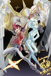  3girls astral_(yu-gi-oh!) black_hair blue_hair blue_shirt blue_skin card colored_skin dated full_body highres holding holding_card male_focus multicolored_hair multiple_girls number_39_utopia pants paojiao0 red_hair red_vest shirt signature spiky_hair trading_card tsukumo_yuma two-tone_hair vest white_pants yu-gi-oh! yu-gi-oh!_zexal 