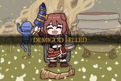  1girl 3others animal_ears armor bing_huyue boots brown_tail closed_eyes commentary crossed_arms crying dog_ears dog_girl double_blade elden_ring english_commentary happy_tears helmet highres hololive inugami_korone jewelry katana leather leather_boots leather_bra let_me_solo_her living_jar_(elden_ring) malenia_blade_of_miquella multiple_others necklace ring simple_background skirt spirit subtitled sword tarnished_(elden_ring) tears thumbs_up weapon yubi_yubi_(inugami_korone) 