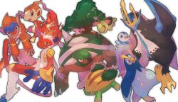  arm_up blue_eyes brown_eyes chimchar commentary_request empoleon evolutionary_line grin grotle highres infernape looking_at_viewer monferno nostrils ojikano open_mouth piplup pokemon pokemon_(creature) prinplup simple_background smile starter_pokemon_trio torterra turtwig white_background 