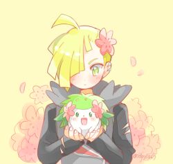  1boy 50218 :d ahoge black_hoodie blonde_hair blunt_bangs blunt_ends blush ear_piercing flower gladion_(pokemon) green_eyes hair_flower hair_ornament hair_over_one_eye hair_slicked_back holding holding_pokemon hood hoodie looking_at_another looking_down male_focus piercing pink_flower pokemon pokemon_(creature) pokemon_sm shaymin smile solo straight-on torn_clothes upper_body 