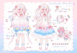  2girls :d absurdres artist_name blonde_hair blue_border blue_dress blush border bow bowtie chibi cyano dress dress_bow full_body gradient_clothes gradient_dress hair_ornament highres long_hair long_sleeves multiple_girls multiple_views open_mouth original pink_border pink_dress pink_eyes pink_shoes red_bow red_bowtie see-through_clothes see-through_sleeves shoes short_sleeves smile socks standing star_(symbol) star_hair_ornament watermark white_background white_socks 