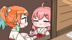  2girls :3 ahoge blue_hair blush_stickers chibi closed_eyes closed_mouth hair_ornament hairclip hakama hakama_skirt highres holding hololive hololive_english japanese_clothes kimono long_hair long_sleeves miko mochimiko multicolored_hair multiple_girls open_mouth orange_hair pink_hair ponytail profile red_hakama sakura_miko skirt takanashi_kiara two-tone_hair upper_body violet_eyes virtual_youtuber white_kimono wide_sleeves x_hair_ornament 
