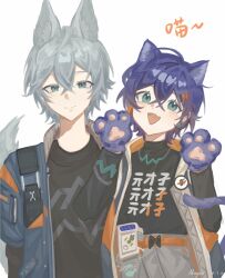  1boy 1girl :d absurdres animal_hands belle_(zenless_zone_zero) belt black_shirt blue_eyes blue_hair blue_jacket blush brother_and_sister closed_mouth crossed_bangs gloves grey_hair highres jacket moyaoyaoyaoyao_r open_clothes open_jacket open_mouth orange_belt paw_gloves shirt short_hair siblings simple_background smile tail white_background wise_(zenless_zone_zero) zenless_zone_zero 