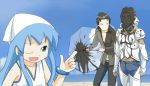  blue_hair crossover el_shaddai enoch hat hemosuke ikamusume ink jeans long_hair lucifel_(el_shaddai) lucifer_(el_shaddai) pointing shinryaku!_ikamusume squid_ink tentacle_hair umbrella wink 