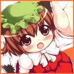  animal_ears blush border brown_eyes brown_hair cat_ears cat_tail chen chibi child fang from_above hat neko_usagi open_mouth red_border red_eyes solo tail touhou 