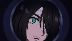  1boy bandage_over_one_eye bandaged_head bandages commentary_request eren_yeager facial_hair fisheye goatee hair_over_one_eye male_focus monitoring_(vocaloid) open_mouth parody portrait shingeki_no_kyojin solo toubun_teikou 