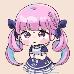  1girl ahoge anchor_symbol blue_dress blue_hair blue_ribbon blush_stickers bow braid brown_background chibi closed_mouth dress finger_touching frilled_dress frills hair_ribbon hololive long_hair looking_at_viewer minato_aqua minato_aqua_(1st_costume) mochimiko multicolored_hair pink_hair puffy_short_sleeves puffy_sleeves ribbon short_sleeves simple_background solo streaked_hair twintails two-tone_hair very_long_hair violet_eyes virtual_youtuber white_bow 