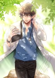  1boy adjusting_hair belt black_hair black_pants blue_eyes blue_shirt blurry book brown_hair clipboard coat collared_shirt cowboy_shot dappled_sunlight dated day depth_of_field doctor grass green_eyes hair_between_eyes hand_in_own_hair hand_up highres holding holding_book holding_clipboard holding_paper lab_coat leaf light_rays long_sleeves looking_at_viewer male_focus mizuno_kagari open_clothes open_coat open_collar open_mouth original outdoors pants paper parted_lips shirt short_hair signature solo standing stethoscope sunlight tree tucking_hair watch watch white_coat 