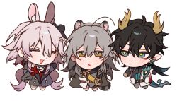  1boy 2girls ancient_greek_clothes animal_ear_fluff animal_ears arms_up barefoot beads belt black_cape black_dress black_flower black_gloves black_hair black_shirt blue_eyes blue_hair brown_belt camera cape chibi chibi_only chinese_clothes clothing_cutout coat dan_heng_(honkai:_star_rail) dan_heng_(permansor_terrae)_(honkai:_star_rail) dragon_boy dragon_horns dragon_tail dress earclip earrings english_commentary evernight_(honkai:_star_rail) eyeliner flower flower_ornament full_body gauntlets gloves gradient_hair greco-roman_clothes grey_hair grey_pants hair_between_eyes hair_flower hair_ornament hairclip half-closed_eyes highres himation honkai:_star_rail honkai_(series) horns jewelry kemonomimi_mode lapels long_hair long_sleeves looking_at_another looking_up low_ponytail low_twintails majunjuu makeup march_7th_(honkai:_star_rail) multicolored_hair multiple_girls no_mouth official_alternate_costume official_alternate_hairstyle pants pink_hair pointy_ears ponytail rabbit_ears raccoon_ears raccoon_tail red_eyeliner red_flower shirt shoulder_cutout sidelocks simple_background single_bare_shoulder single_earring single_gauntlet single_glove standing stelle_(honkai:_star_rail) tail tassel teeth trailblazer_(honkai:_star_rail) twintails two-tone_dress very_long_hair wavy_hair white_background white_coat white_dress yellow_eyes yellow_pupils 