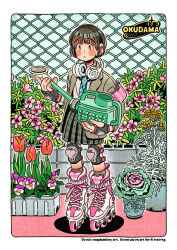  1girl armband artist_name blunt_bangs blush blush_stickers border brown_hair brown_jacket chain-link_fence closed_mouth diagonal-striped_clothes diagonal-striped_necktie fence fingerless_gloves flower full_body gloves headphones headphones_around_neck highres holding holding_watering_can jacket knee_pads necktie o_ku_da_ma original pink_armband pink_flower plant potted_plant red_flower roller_skates safety_pin short_hair skates solo striped_clothes tulip watering_can white_border 