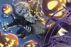  1boy aogiyuki black_crown crown diamond_hairband gloves highres jacket long_sleeves looking_at_viewer male_focus missing_tooth pinstripe_pattern pinstripe_suit pinstripe_vest pumpkin round_eyewear short_hair skully_j._graves smile solo striped_clothes striped_jacket striped_vest suit the_nightmare_before_christmas twisted_wonderland vertical-striped_clothes vertical-striped_vest vest white_hair 