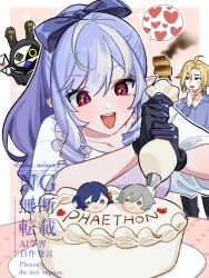  1boy 1girl 1other :d ahoge apron bangboo_(zenless_zone_zero) belle_(zenless_zone_zero) black_gloves black_pants blonde_hair border bow burnt_food cake collarbone drill_hair drill_sidelocks food gloves hair_between_eyes hair_bow hand_on_own_chin heart holding holding_letter holding_pastry_bag hugo_vlad letter long_hair looking_at_object mine_(myfoot916) mole mole_under_eye open_mouth pants pastry_bag pink_background plate pointy_ears purple_apron purple_bow purple_hair purple_shirt raised_eyebrow red_eyes robin_(zenless_zone_zero) shirt sidelocks sleeves_rolled_up smile smoke sparkle sparkle_print speech_bubble spoken_heart table tablecloth teeth twitter_username upper_body upper_teeth_only vivian_banshee white_border white_shirt wise_(zenless_zone_zero) zenless_zone_zero 