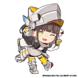  1girl armored_boots bike_shorts black_shorts blunt_bangs boots braid brown_hair chibi chime_(nikke) commentary english_commentary fingerless_gloves full_body gloves goddess_of_victory:_nikke gradient_hair green_eyes grey_hair high_heel_boots high_heels highres index_finger_raised leaning_forward light_blush long_hair long_sleeves looking_at_viewer low_twin_braids multicolored_hair official_art one_eye_closed open_mouth outstretched_arm puffy_long_sleeves puffy_sleeves short_shorts shorts solo standing standing_on_one_leg sweater_vest thick_eyebrows thigh-highs totatokeke twin_braids yellow_gloves yellow_thighhighs 