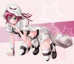  arm_support cat_pose green_eyes hat merry_nightmare midriff navel ok-ray paw_pose purple_hair ribbon short_hair skirt smile striped striped_legwear striped_thighhighs thigh-highs thighhighs yumekui_merry 