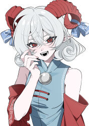  1girl :d absurdres ahoge bare_shoulders bell_sleeves blue_bow bow crossed_bangs curled_horns curly_hair detached_sleeves double-parted_bangs earrings fingernails flipped_bangs hair_between_eyes hand_up highres hoop_earrings horizontal_pupils horn_bow horn_ornament horns inward_flipped_hair jewelry kiliko-san light_blush long_fingernails looking_at_viewer mandarin_collar meandros meandros_print open_mouth patterned_clothing pointy_ears rectangular_pupils red_eyes red_horns red_sleeves sharp_fingernails sharp_teeth sheep_horns shirt short_hair simple_background sleeveless sleeveless_shirt smile solo teeth three-quarter_sleeves touhou toutetsu_yuuma upper_body white_background white_hair wide_sleeves 