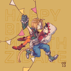  1boy 1girl ahoge aqua_eyes aqua_ribbon aqua_vest black_hair blonde_hair blue_pants boots character_name closed_eyes couple cropped_vest dated final_fantasy final_fantasy_ix full_body garnet_til_alexandros_xvii gloves grey_boots grey_gloves grin hair_ribbon happy_birthday hetero hood hood_up jumpsuit low_ponytail monkey_tail nobu_(25mark) open_mouth orange_jumpsuit pants parted_bangs pennant ponytail red_boots red_gloves ribbon shirt smile tail teeth vest white_hood white_shirt wrist_cuffs yellow_background zidane_tribal 