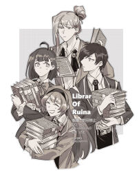  2boys 2girls ^_^ ahoge ascot bob_cut book book_stack bow bowtie brooch closed_eyes closed_mouth folded_ponytail greyscale hair_ornament hairband hairclip hod_(project_moon) holding holding_book jewelry ko_bammm library_of_ruina long_hair malkuth_(project_moon) monochrome multiple_boys multiple_girls neck_ribbon necktie netzach_(project_moon) open_mouth project_moon ribbon short_hair sidelocks smile undone_ascot yesod_(project_moon) 