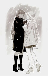  2girls artist_name beanie boots coat commentary english_commentary eye_contact gloves greyscale hat high_heel_boots high_heels highres holding_hands long_hair looking_at_another miniskirt monochrome multiple_girls original outdoors pleated_skirt pom_pom_(clothes) pom_pom_beanie sketch skirt smile snowing standing voize winter_clothes winter_coat yuri 