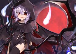  akisome_hatsuka bat_wings black_dress black_thighhighs chain collarbone dress full_moon hair_between_eyes halloween_costume hitodama holding holding_scythe moon open_mouth purple_hair red_eyes red_moon remilia_scarlet scythe short_hair smile thigh-highs torn_clothes torn_dress touhou wings 