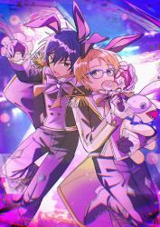  2boys animal_ears black_gloves black_jacket blonde_hair blue-framed_eyewear blue_hair candy commentary ensemble_stars! food glasses gloves hair_between_eyes highres holding holding_candy holding_food holding_lollipop holding_stuffed_toy jacket lollipop male_focus multiple_boys open_clothes open_jacket open_mouth rabbit_ears sazanami_jun short_hair stuffed_animal stuffed_rabbit stuffed_toy tailcoat usausa_0822 yellow_eyes yuuki_makoto_(ensemble_stars!) 