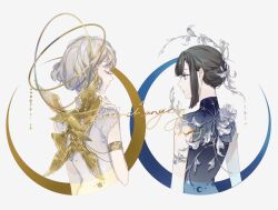  2girls angel_wings armlet bare_shoulders black_hair black_shirt blue_eyes blunt_bangs chinese_commentary closed_eyes color_contrast crescent cropped_torso english_text fake_wings flower flower_ornament from_behind gem gold_armlet golden_rose golden_wings grey_flower grey_hair hair_behind_ear hair_ornament halo halo_behind_head hand_up jewelry jitome leaf_hair_ornament leaf_ornament looking_at_another looking_to_the_side multiple_girls multiple_wings nape_braid ophanim_halo original parted_lips pearl_(gemstone) profile sanmen shirt short_hair short_sleeves side-by-side sidelocks silver_(metal) silver_armlet simple_background sleeveless sleeveless_shirt star_(symbol) straight_hair turtleneck turtleneck_shirt wavy_hair white_background white_shirt wings yellow_halo yellow_wings yunjian 