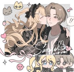  ! !! 1boy 1girl blonde_hair blue_eyes blush bow brown_eyes brown_hair chibi chibi_inset closed_eyes dress earrings evodtonaeco food frills hair_between_eyes hair_ornament hairband hairclip heart hetero highres jacket jewelry kiss kissing_cheek lolita_fashion long_hair musical_note necklace open_clothes open_jacket original pearl_necklace pink_ribbon plaid_clothes plaid_dress ribbon short_hair spoken_exclamation_mark two_side_up upper_body 