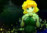  abs blonde_hair breasts dithering extra_ears green_eyes highres hips large_breasts light_particles mizuhashi_parsee mono1192000 mono_(moiky) pointy_ears scarf short_hair solo touhou 