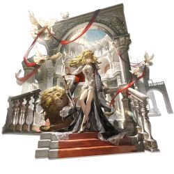  1girl absurdres against_railing animal_ear_fluff animal_ears arch architecture arknights bare_legs bird black_dress black_jacket black_shoes blonde_hair breasts circlet closed_mouth collarbone cropped_jacket dome dove dress flying frilled_skirt frills full_body gawain_(arknights) gold_circlet gold_collar gold_tiara gradient_clothes gradient_dress hair_between_eyes hand_on_railing high_heels high_ponytail highres holding holding_sword holding_weapon jacket jacket_on_shoulders lapels layered_dress lion lion_ears lion_girl lion_tail liyu_li long_hair looking_at_viewer medium_breasts notched_lapels official_alternate_costume official_art ponytail railing red_carpet scar scar_on_face serious shoes showgirl_skirt siege_(arknights) skirt solo stairs sword tail tail_ornament third-party_source tiara transparent_background two-tone_dress vina_victoria_(arknights) vina_victoria_(glorious_path)_(arknights) weapon white_dress wristband yellow_eyes 