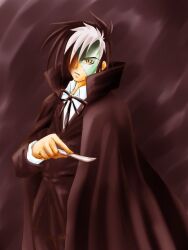 1boy black_hair black_jack_(character) black_jack_(series) cape cloak doctor formal_clothes hair_over_one_eye holding knife long_sideburns long_sleeves looking_at_viewer male_focus multicolored_hair ouka_(shibasu) patchwork_skin ribbon scalpel scar scar_on_face sideburns solo split-color_hair stitches suit two-tone_hair white_hair yellow_eyes 