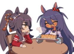  2girls animal_ears baking bandaid bandaid_on_face bandaid_on_nose black_hair blush bow bowtie breasts cake chair closed_mouth dark-skinned_female dark_skin ear_ornament ear_scrunchie fang food hair_between_eyes hair_ornament hairclip head_rest highres hishi_amazon_(umamusume) holding holding_tray horse_ears horse_girl horse_tail hwipa_(param_blue) jacket long_hair long_sleeves multiple_girls narita_brian_(umamusume) on_chair open_mouth oven_mitts ponytail purple_sailor_collar purple_serafuku purple_shirt red_jacket red_scrunchie red_track_suit rope sailor_collar sailor_shirt school_uniform scrunchie serafuku shimenawa shirt simple_background sitting smile table tail tracen_school_uniform tracen_training_uniform track_jacket track_suit tray umamusume very_long_hair white_bow white_bowtie yellow_eyes 