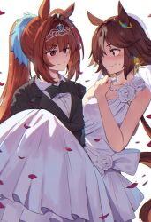  2girls animal_ears black_bow black_bowtie black_jacket black_suit blush bow bowtie breasts bridal_veil bride brown_eyes brown_hair carrying closed_mouth collarbone collared_shirt daiwa_scarlet_(umamusume) dress fang hair_between_eyes hair_intakes hair_over_one_eye highres hinghoi horse_ears horse_girl horse_tail jacket jewelry large_breasts long_hair long_sleeves looking_at_another multicolored_hair multiple_girls necklace pearl_necklace petals ponytail princess_carry red_eyes shirt simple_background skin_fang smile suit tail tiara twintails umamusume veil very_long_hair vodka_(umamusume) wedding_dress white_background white_dress white_hair white_shirt white_veil wife_and_wife yuri 