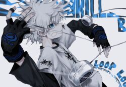  1boy adapted_costume bandaid bandaid_on_cheek bandaid_on_face black_gloves blue_eyes english_text fingerless_gloves gloves highres holding hunter_x_hunter killua_zoldyck layered_sleeves long_sleeves looking_at_viewer male_focus nu_punxxxz print_shirt shirt short_hair simple_background solo sparkle spiky_hair white_background white_hair white_shirt yo-yo 