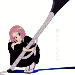  1girl bleach bleach:_sennen_kessen-hen bone_hair_ornament commentary_request hair_ornament holding holding_weapon huge_weapon kusajishi_yachiru nigatsumikka pink_hair sandals shihakusho short_hair smile socks solo squatting translation_request violet_eyes weapon white_socks 