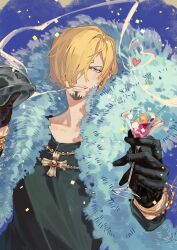  1boy black_gloves blonde_hair blue_eyes blush bracelet confetti cup curly_eyebrows facial_hair feather_boa gloves goatee hair_over_one_eye heart highres holding holding_cup jewelry male_focus mustache necklace one_piece sanji_(one_piece) short_hair siyangou49 solo upper_body 