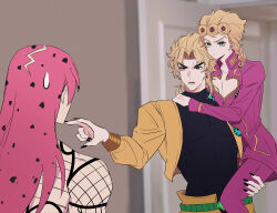  3boys black_nails blonde_hair carrying carrying_person commentary_request diavolo dio_brando earrings father_and_son fingernails fishnet_top fishnets giorno_giovanna green_eyes jacket jewelry jojo_no_kimyou_na_bouken long_hair male_focus mismatched_eyebrows multiple_boys photo_background pink_hair red_eyes sharp_fingernails spotted_hair stardust_crusaders sweatdrop toubun_teikou v-shaped_eyebrows vento_aureo yellow_jacket 