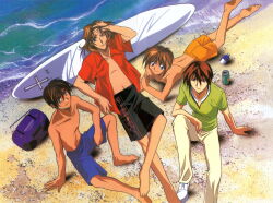  4boys absurdres barefoot beach blue_eyes brown_hair day from_above fujimiya_ran hidaka_ken highres kudou_youji looking_at_viewer lying magazine_scan male_focus male_swimwear multiple_boys navel non-web_source ocean official_art on_back open_clothes radio red_hair scan shirt shoes short_sleeves shorts sitting smile surfboard swimsuit topless_male tsukiyono_omi weiss_kreuz 
