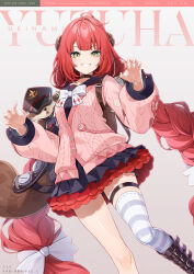  1girl 6u_(eternal_land) black_boots black_choker black_sailor_collar boots bow braid braided_twintails cardigan character_name choker commentary_request green_eyes grin hair_bow hair_ornament highres kamanosuke_(zenless_zone_zero) knee_boots long_hair looking_at_viewer low_twin_braids low_twintails pink_cardigan raccoon red_hair sailor_collar simple_background single_thighhigh smile sphere_hair_ornament striped_clothes striped_thighhighs thigh-highs thigh_strap twin_braids twintails ukinami_yuzuha very_long_hair white_bow zenless_zone_zero 