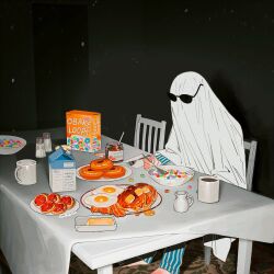  1other absurdres bagel blue_pajamas bowl cereal cereal_box chair commentary cup food fried_egg ghost_costume highres indoors jam jar kome_non milk milk_carton mug original other_focus pajamas pancake plate salt_shaker sheet_ghost sitting solo spoon striped_clothes striped_pajamas sunglasses symbol-only_commentary table 