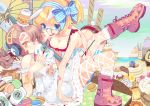  animal_ears bandaid blonde_hair blue_eyes bow bracelet breasts bunny_ears bunny_tail cake cleavage coffee drinking fingernails fishnet_pantyhose fishnets food glasses hair_bow hair_ornament hairclip headphones highres intravenous_drip jewelry long_fingernails macaron multiple_girls nail_polish original pantyhose parasol ponytail product_placement serenade_(sinohi) shorts starbucks straw tail umbrella yellow_eyes 