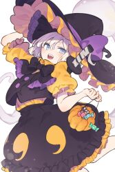  1girl basket black_bow black_bowtie blue_eyes blush bow bowtie candy commentary food frills garasuno halloween_bucket halloween_costume highres holding holding_basket konpaku_youmu open_mouth puffy_short_sleeves puffy_sleeves short_sleeves solo teeth touhou upper_teeth_only weapon weapon_on_back white_hair wrapped_candy 