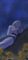  1boy arm_behind_head black_shirt closed_mouth collared_shirt commentary_request flower from_side grey_hair grey_vest hair_between_eyes hand_on_own_head happy highres hill kohanai_setsuna layered_shirt looking_ahead modric_(shining_nikki) night night_sky nikki_(series) nostrils on_grass outdoors peony_(flower) pointy_nose shining_nikki shirt short_hair sky smile solo star_(sky) starry_sky turtleneck turtleneck_shirt upper_body vest violet_eyes white_shirt yellow_flower 