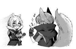  2girls animal_ears arknights bone boned_meat chest_harness chewing chinese_text color_drain double-parted_bangs drlee_lili eating fluffy_tail food full_moon gloom_(expression) glove_garter gloves hair_between_eyes hair_ornament hairclip harness holding holding_bone holding_food hood hood_down large_tail looking_at_another meat moon mouse_ears mouse_girl multiple_girls parted_lips provence_(arknights) puffy_cheeks sanpaku scavenger_(arknights) scavenger_(elite_ii)_(arknights) shaded_face simple_background sound_effects sparkle sweatdrop symbol-shaped_pupils tail tail_raised translation_request turn_pale two-handed white_background wolf_ears wolf_girl wolf_tail 