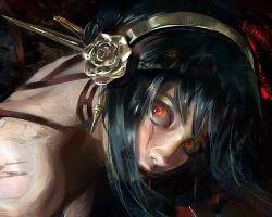  1girl black_hair close-up earrings grey_hairband hairband jewelry looking_at_viewer red_eyes sebijy solo spy_x_family wide-eyed yor_briar 