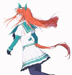  1girl animal_ears black_gloves black_pantyhose blunt_bangs blush ear_covers gloves green_eyes green_sailor_collar hair_ornament hairband highres hime_cut horse_ears horse_girl horse_tail long_hair long_sleeves mochiyu_(mochiko) orange_hair orange_tail pantyhose parted_lips pleated_skirt sailor_collar shirt silence_suzuka_(innocent_silence)_(umamusume) silence_suzuka_(umamusume) simple_background skirt solo tail umamusume white_background white_hairband white_skirt 