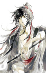  1boy absurdres ahoge bishounen black_eyes black_hair black_hanfu chenqing_flute chinese_clothes dizi faux_traditional_media floating_hair flute flute_tassel hair_ribbon hanfu hebaodan_zhongdu_kuangxi high_ponytail highres holding holding_flute holding_instrument ink_wash_painting instrument long_hair long_sleeves looking_to_the_side male_focus messy_hair modao_zushi parted_lips ponytail red_ribbon ribbon robe sidelocks simple_background sitting smile solo tassel transverse_flute upper_body watermark wei_wuxian weibo_watermark white_background wide_sleeves 