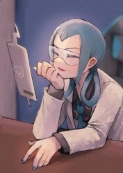  1girl blue_hair blue_nails blue_necktie closed_eyes closed_mouth coat desk glasses hair_rings highres lab_coat long_sleeves maaka_4441 mable_(pokemon) necktie open_clothes open_coat pokemon pokemon_legends:_z-a rotom rotom_phone sitting tablet_pc upper_body white_coat 