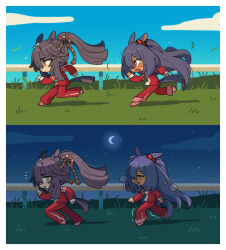  2girls animal_ears bandaid bandaid_on_face bandaid_on_nose black_hair blue_sky blush breasts closed_eyes closed_mouth clouds crescent_moon dark-skinned_female dark_skin day deformed ear_scrunchie exhausted fang hair_between_eyes highres hishi_amazon_(umamusume) horse_ears horse_girl horse_tail hwipa_(param_blue) jacket long_hair long_sleeves moon multiple_girls narita_brian_(umamusume) night night_sky open_mouth pants ponytail red_eyes red_jacket red_scrunchie red_track_suit rope running scrunchie shimenawa sky star_(sky) tail tracen_training_uniform track_jacket track_pants track_suit training umamusume very_long_hair yellow_eyes 