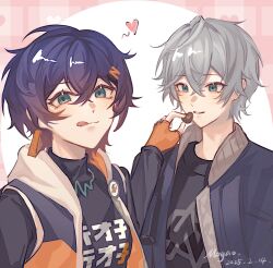  1boy 1girl :q belle_(zenless_zone_zero) black_jacket black_shirt blue_eyes blue_hair brother_and_sister candy chocolate closed_mouth feeding fingerless_gloves food gloves grey_hair heart heart-shaped_chocolate heart-shaped_food highres jacket moyaoyaoyaoyao_r orange_gloves procreate_(medium) shirt short_hair siblings smile tongue tongue_out turtleneck turtleneck_shirt wise_(zenless_zone_zero) zenless_zone_zero 